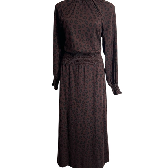 Ann Taylor Dress Sz Med Brown Animal Print Long Sleeve midi/maxi blouson office - Picture 2 of 5